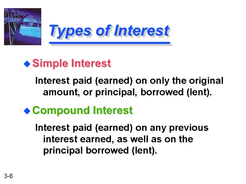 Types of Interest Compound Interest Interest paid (earned) on any previous interest earned, as